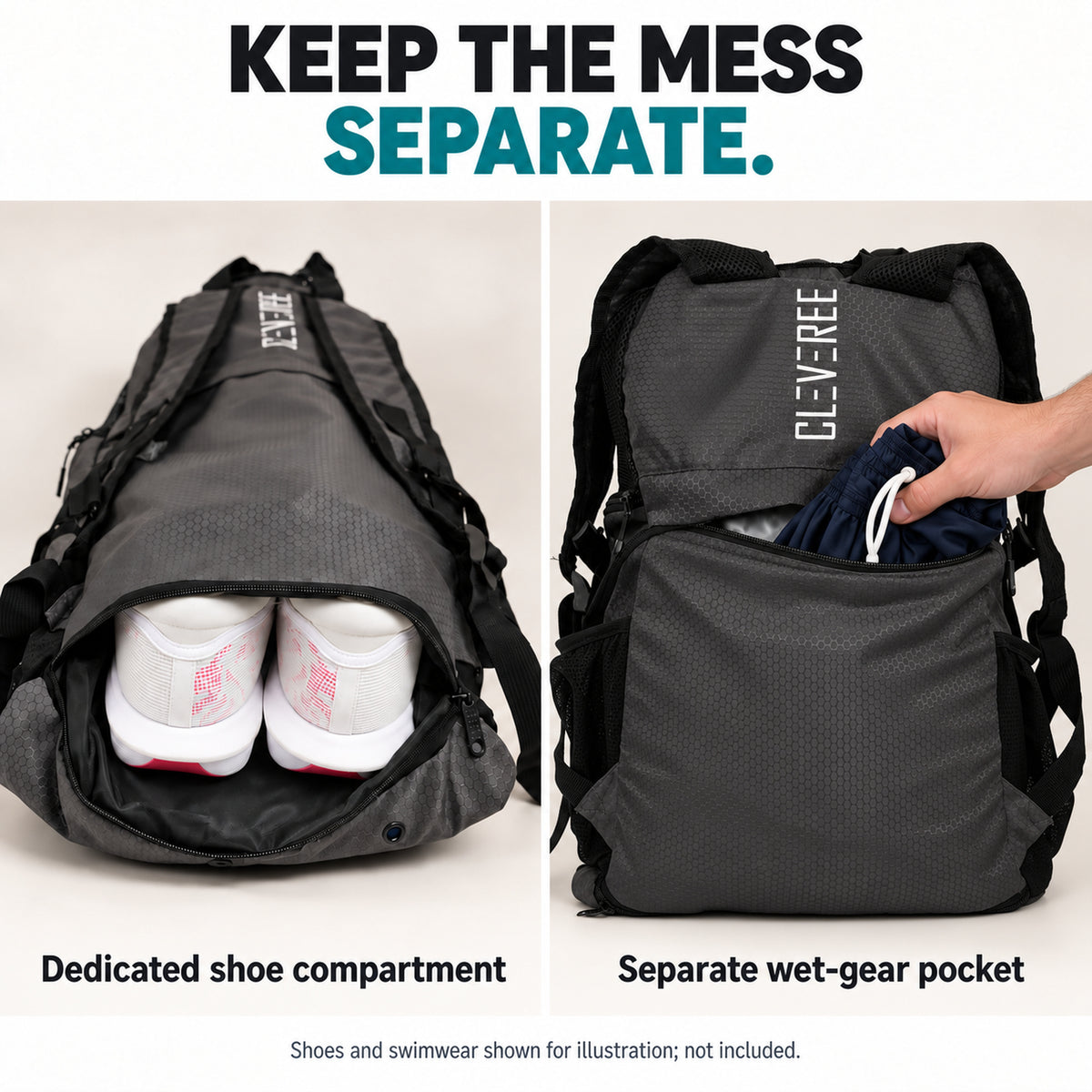 CLEVEREE Graphite Black: Separate shoe and wet-gear compartments
