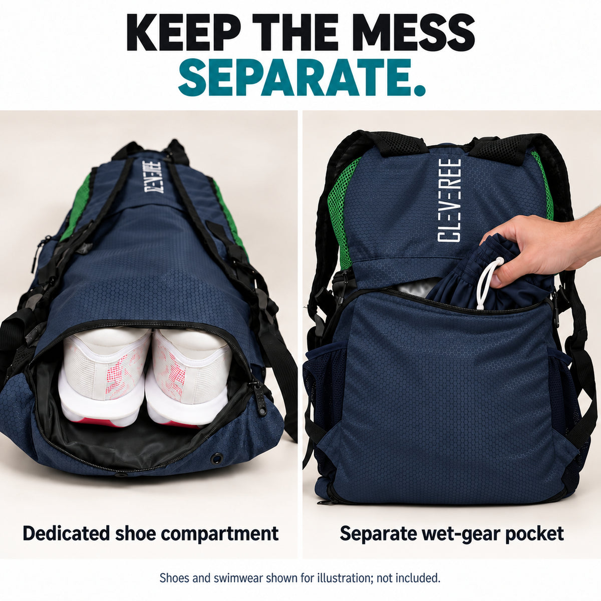 CLEVEREE Green Champ: Separate shoe and wet-gear compartments