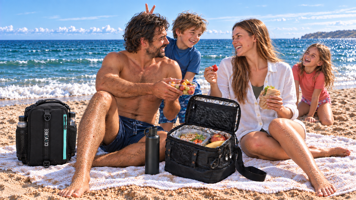 CLEVEREE cooler bag shown in two configurations on a family outing