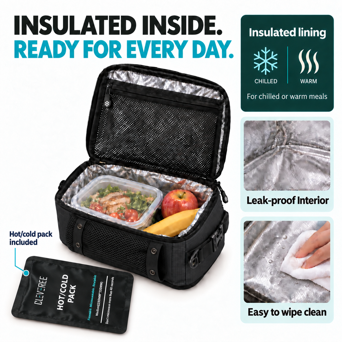 CLEVEREE Black: Insulation and included hot-cold pack 