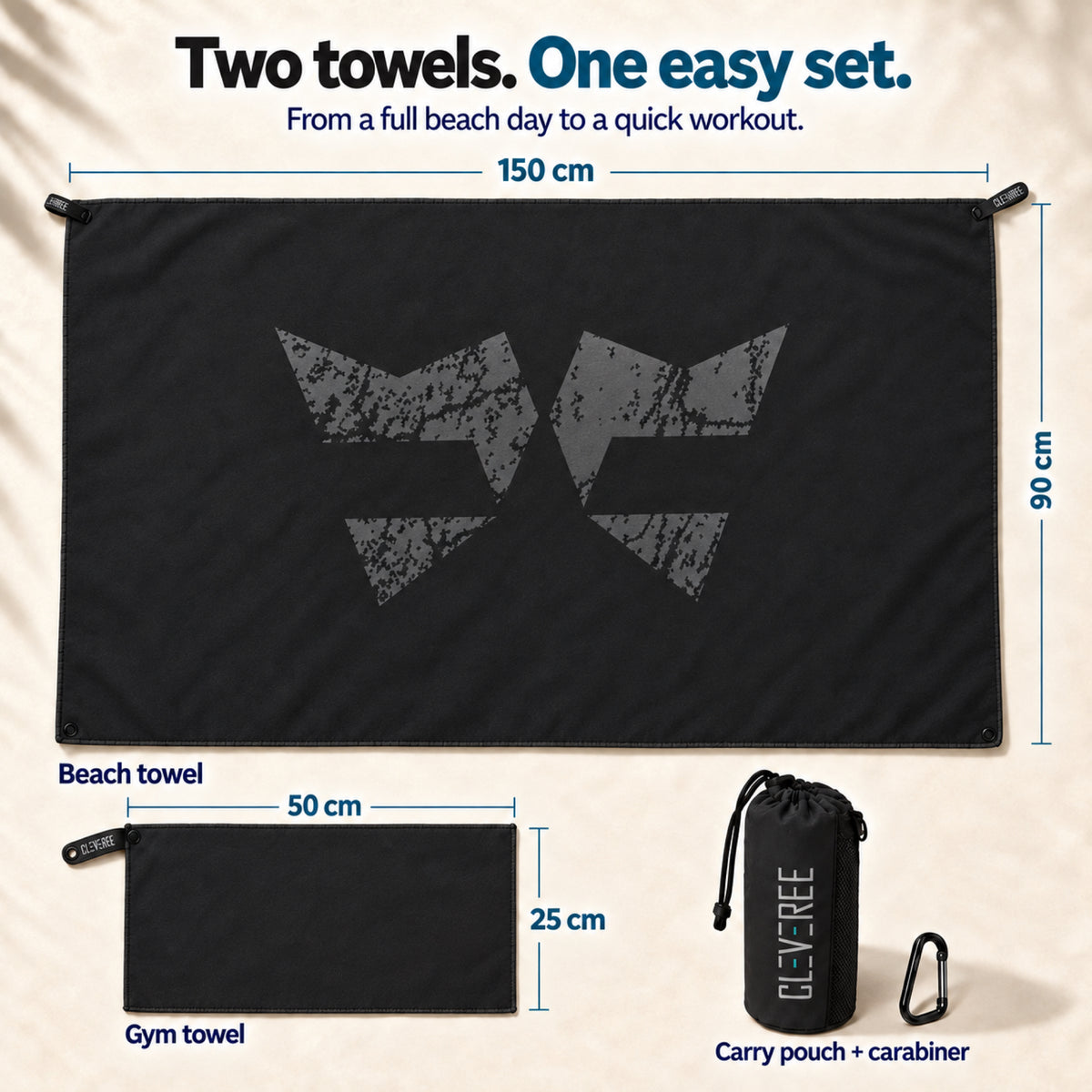 CLEVEREE Black: Beach and gym towel dimensions 