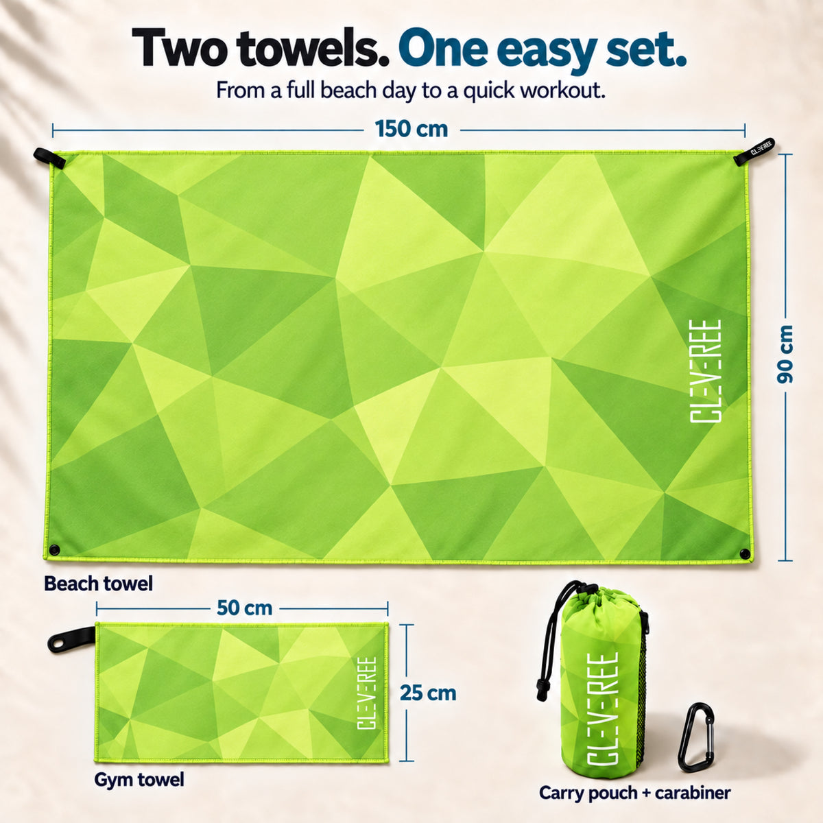 CLEVEREE Green Neon: Beach and gym towel dimensions 