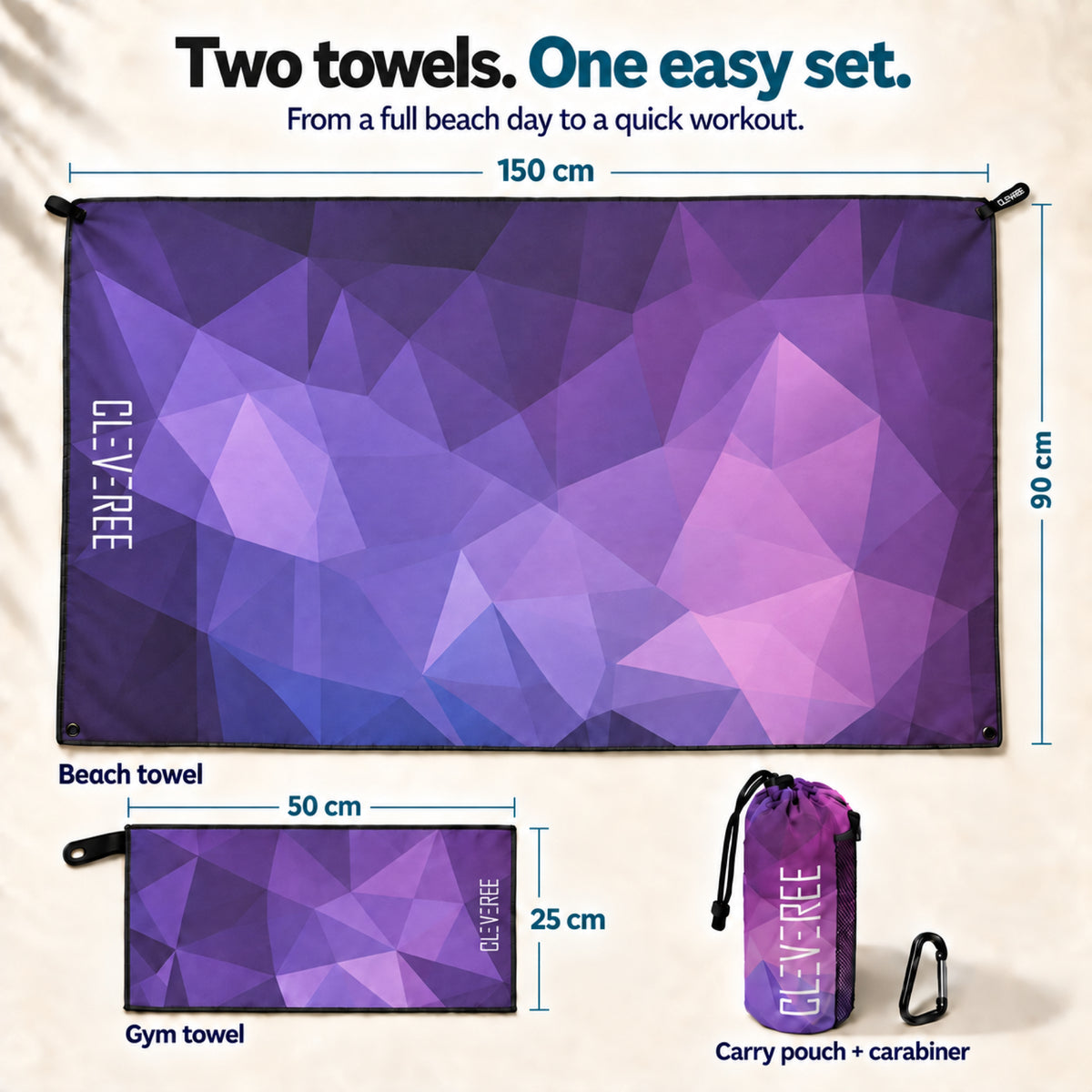 CLEVEREE Purple: Beach and gym towel dimensions 