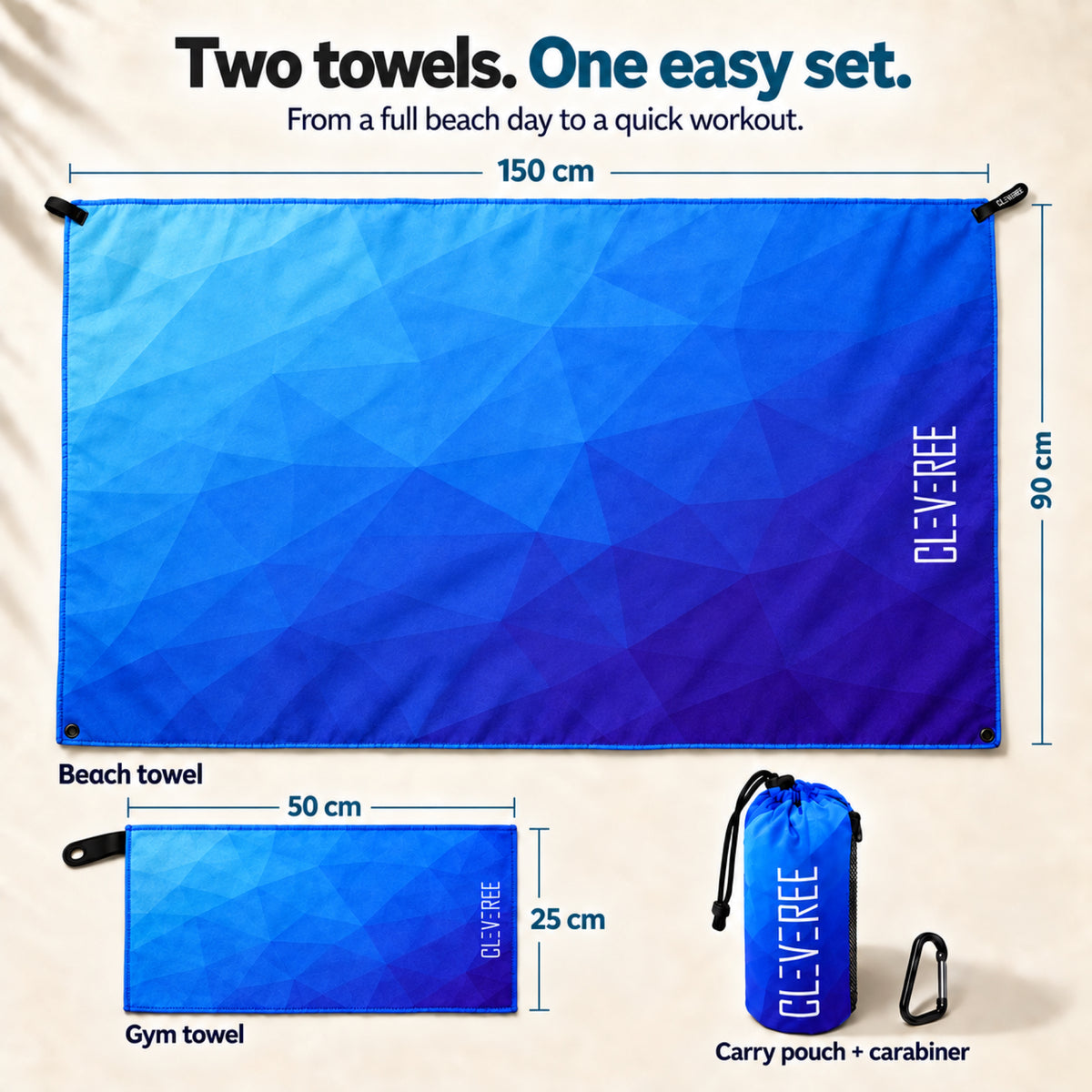 CLEVEREE Royal Blue: Beach and gym towel dimensions 