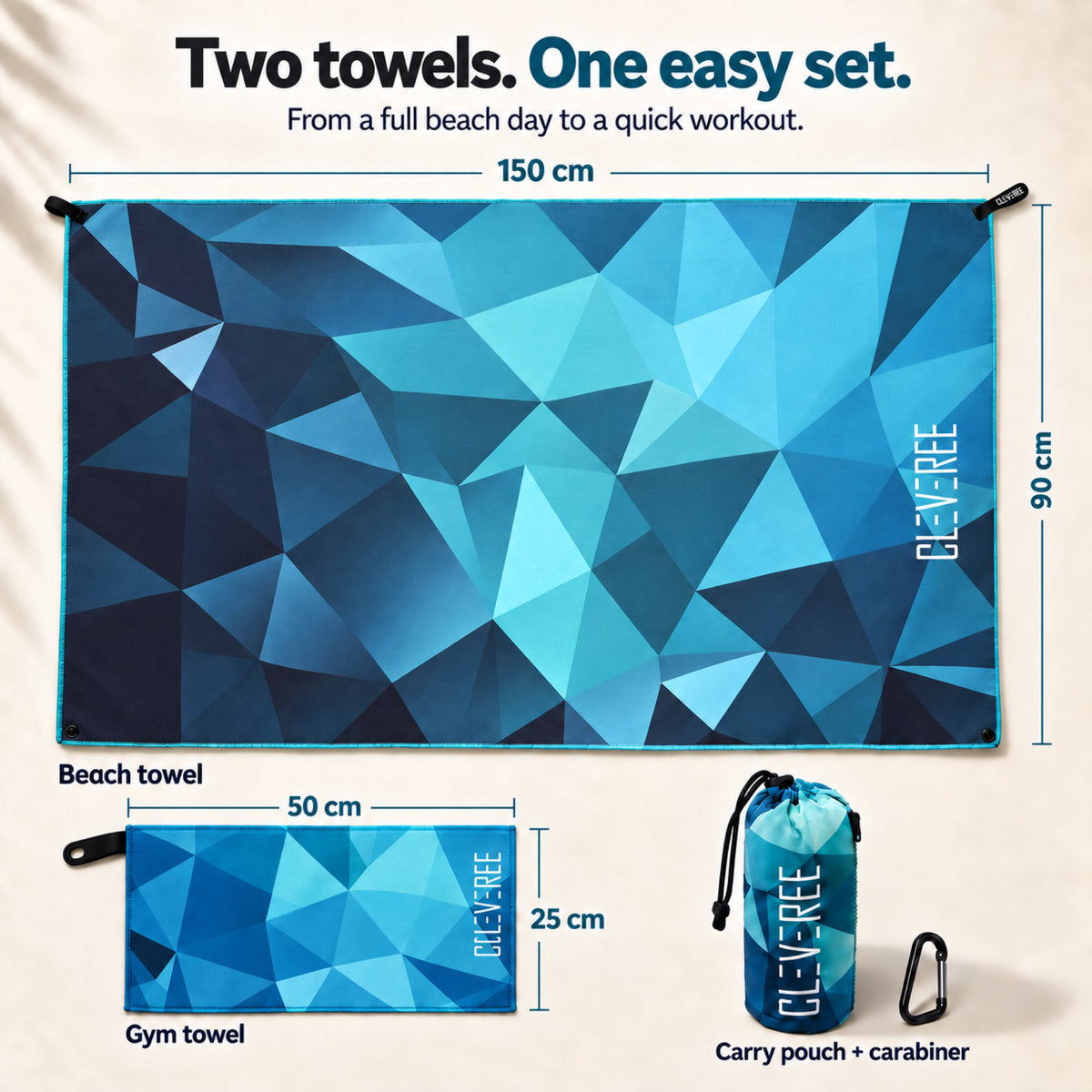 CLEVEREE Teal: Beach and gym towel dimensions 