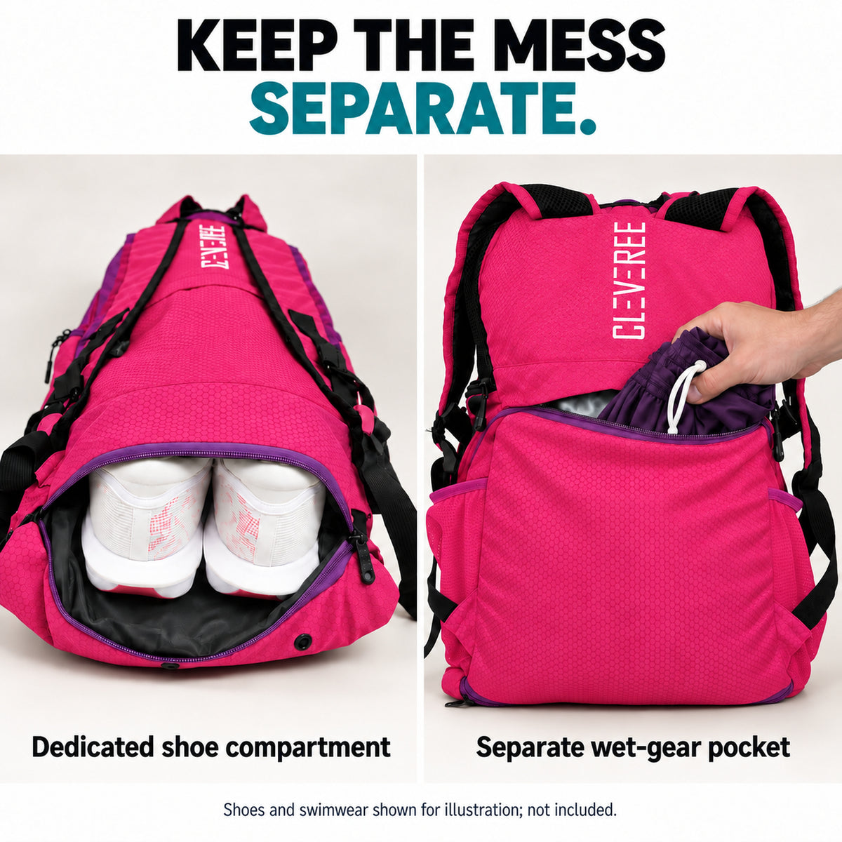 CLEVEREE Pink Attitude: Separate shoe and wet-gear compartments 