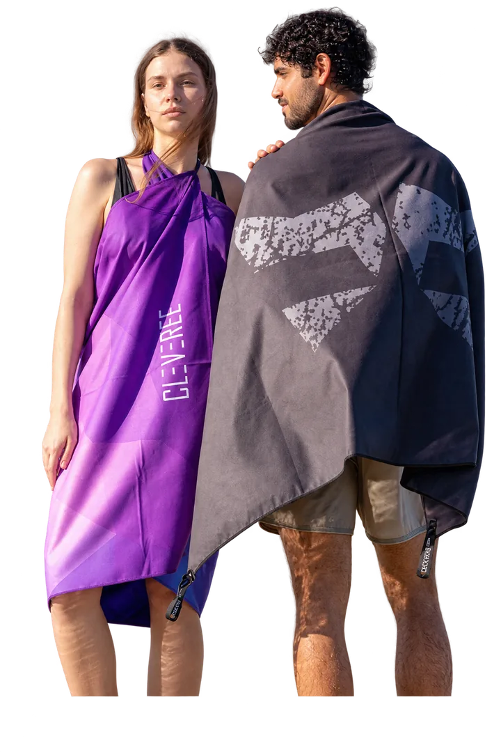 Couple wearing the real CLEVEREE purple and charcoal towels